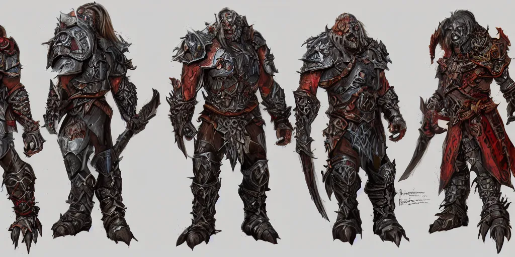 Image similar to different views of scary orcs in armour, colourful intricate!! concept art by senior character artist, trending on artstation, full body character design