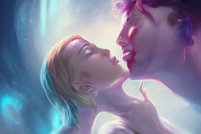 Image similar to an alien woman kisses a man by charlie bowater, sci - fi, color vibe, reimagined by industrial light and magic