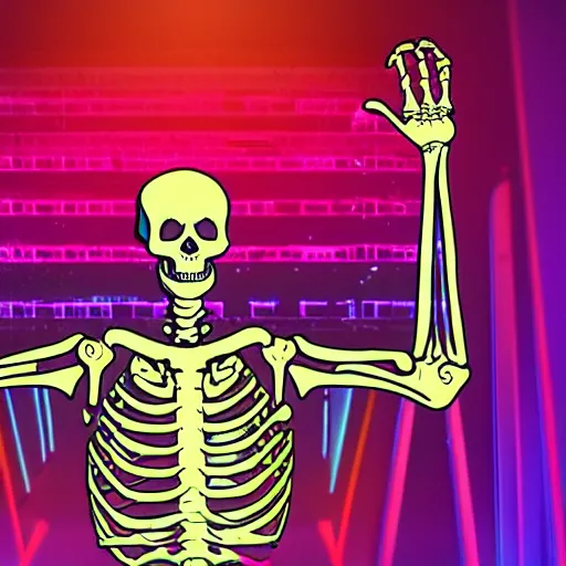 Prompt: a skeleton going ham on a synthesizer in a night club, outrun, synthwave, vaporwave