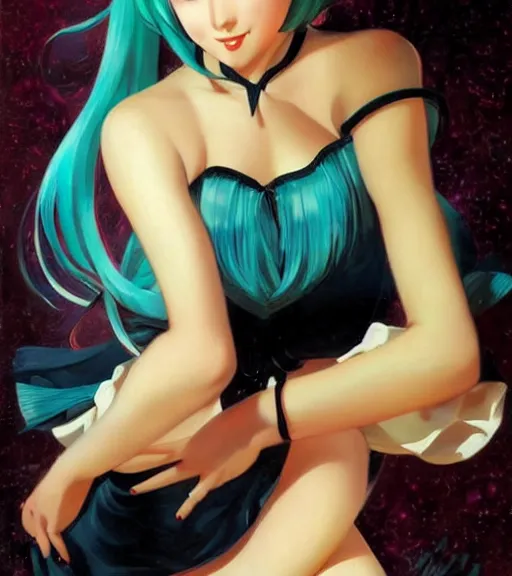 Prompt: Anime art very beautiful Hatsune miku by Gil Elvgren, Alberto Vargas, Vladimir Volegov, Earl Moran, Enoch Bolles, symmetrical shoulders, very coherent