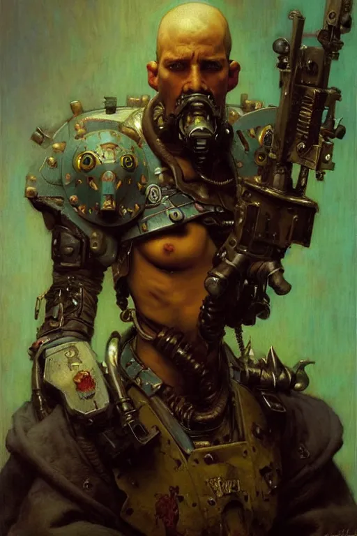 Prompt: full character portrait max mad cyberpunk warhammer 4 0 k, medic sapper not the girl with the pearl earring character design, painting by gaston bussiere, katsuya terada, nc wyeth, greg rutkowski, craig mullins, vermeer, frank frazetta, mucha, tom of finland, trending on artstation, by norman rockwell