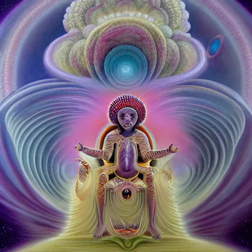 Image similar to obatala the cosmic god sitting on a throne of nebula clouds, by Adi granov and afarin sajedi and amanda sage and evgeni gordiets and Agostino Arrivabene in a psychedelic portrait style, ultrarealistic matte painting, volumetric lighting, piercing eyes, fractal, highly detailed face, orisha, 8k, hd