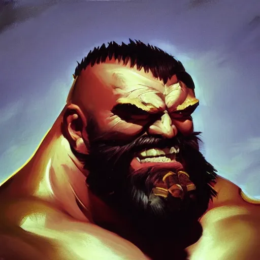 Image similar to greg manchess portrait painting of partially armored zangief from street fighter spitting fire as overwatch character, medium shot, asymmetrical, profile picture, organic painting, sunny day, matte painting, bold shapes, hard edges, street art, trending on artstation, by huang guangjian and gil elvgren and gerald brom