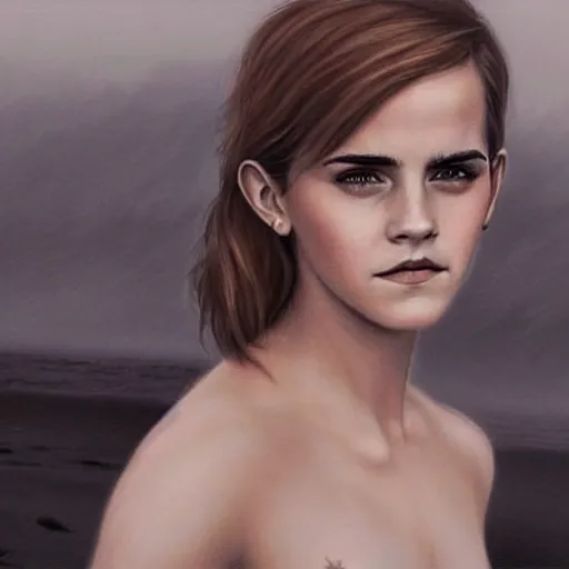 Image similar to pencil drawing of emma watson wearing a latex suit in a beach, beautiful piercing eyes, hyper realistic face, in the style of greg rutkowski, fantasy, amazing detail, epic, elegant, smooth