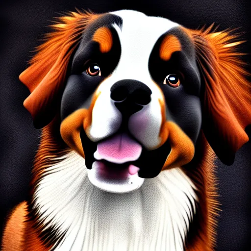 Image similar to portrait of a cute bernese dog, art by elke vogelsang, 8 k ultra realistic, trending on artstation, 4 k, hyperrealistic, focused, extreme details, unreal engine 5, cinematic, masterpiece