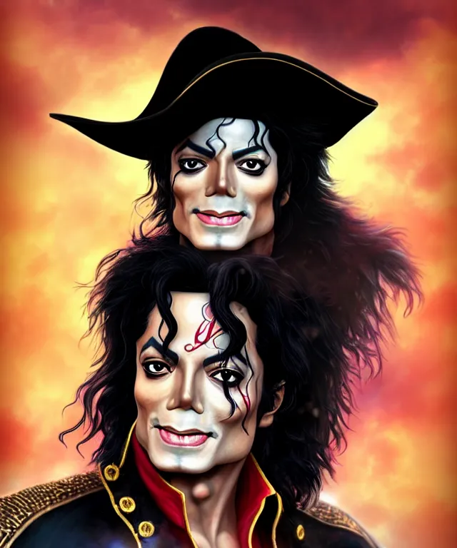 Image similar to fantasy comic style portrait of michael jackson as a pirate, digital illustration by ken taylor and sana takeda, hd, 4 k, intricate, highly detailed!!, character design, cover art, award winning