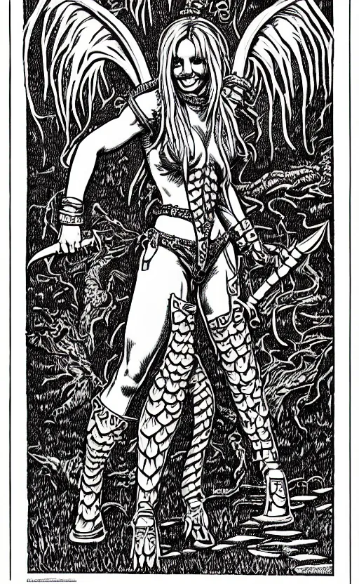 Prompt: britney spears as a d & d monster, full body, pen - and - ink illustration, etching, by russ nicholson, david a trampier, larry elmore, 1 9 8 1, hq scan, intricate details, inside stylized border
