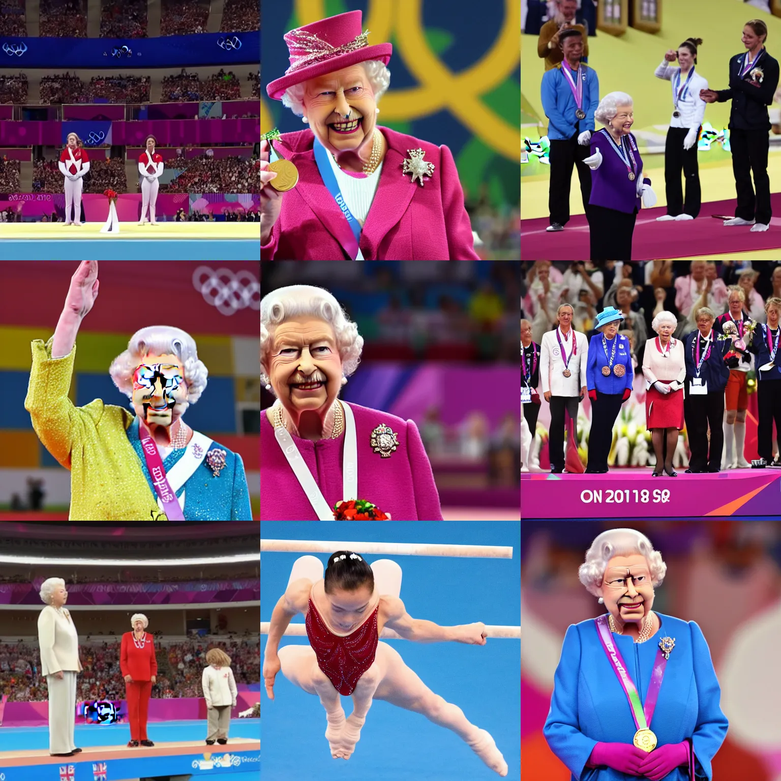 Prompt: Queen Elizabeth wins the gymnastics gold medal at the Olympics, live footage, 8k resolution HDR,