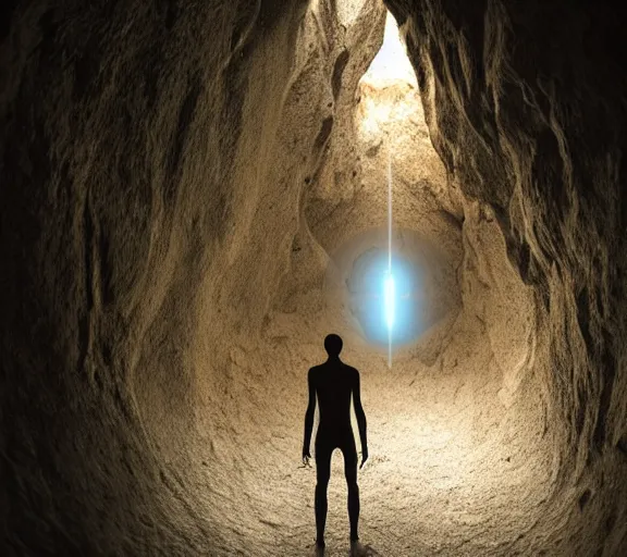 Image similar to humanoid alien walking trough a beautiful cave, xyz(020) H 576