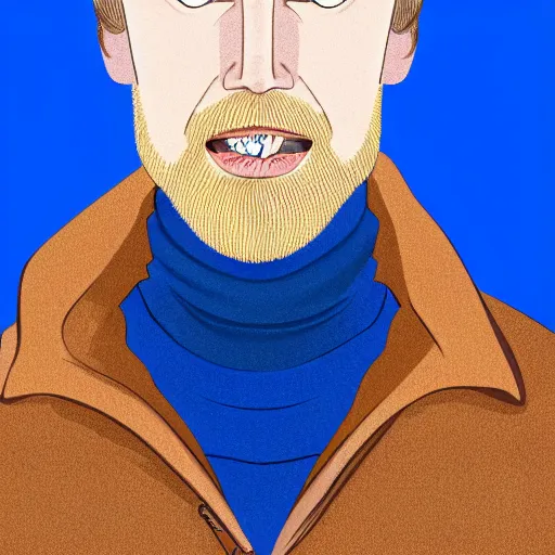 Image similar to A gangly british man, with short blond hair and short blond beard wearing a blue jacket and brown turtleneck , blue eyes, pale skin, English heritage, digital art, cartoon, mid-shot, 8k