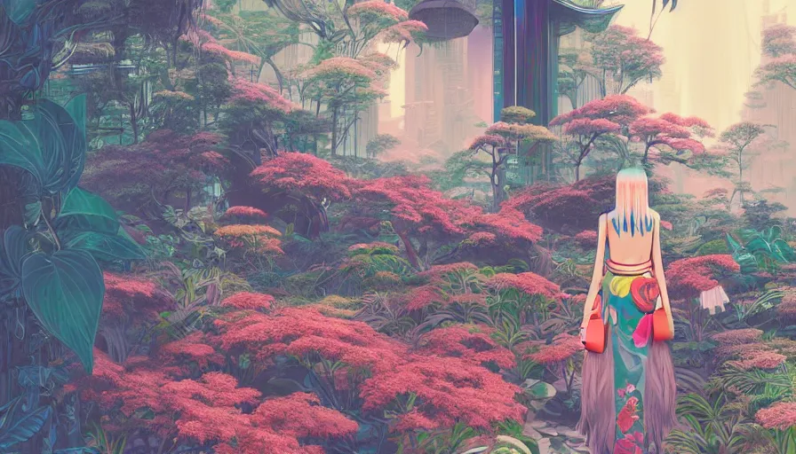 Prompt: a digital painting of a woman in the distance wearing gucci exploring a magical japanese temple, lush plants and flowers, eco - cyberpunk art by james jean, cgsociety, retrofuturism, anime aesthetic, chromatic, iridescent, uhd