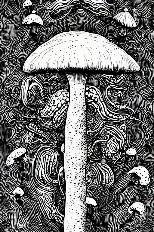 Prompt: black and white illustration, creative design, body horror, mushroom monster