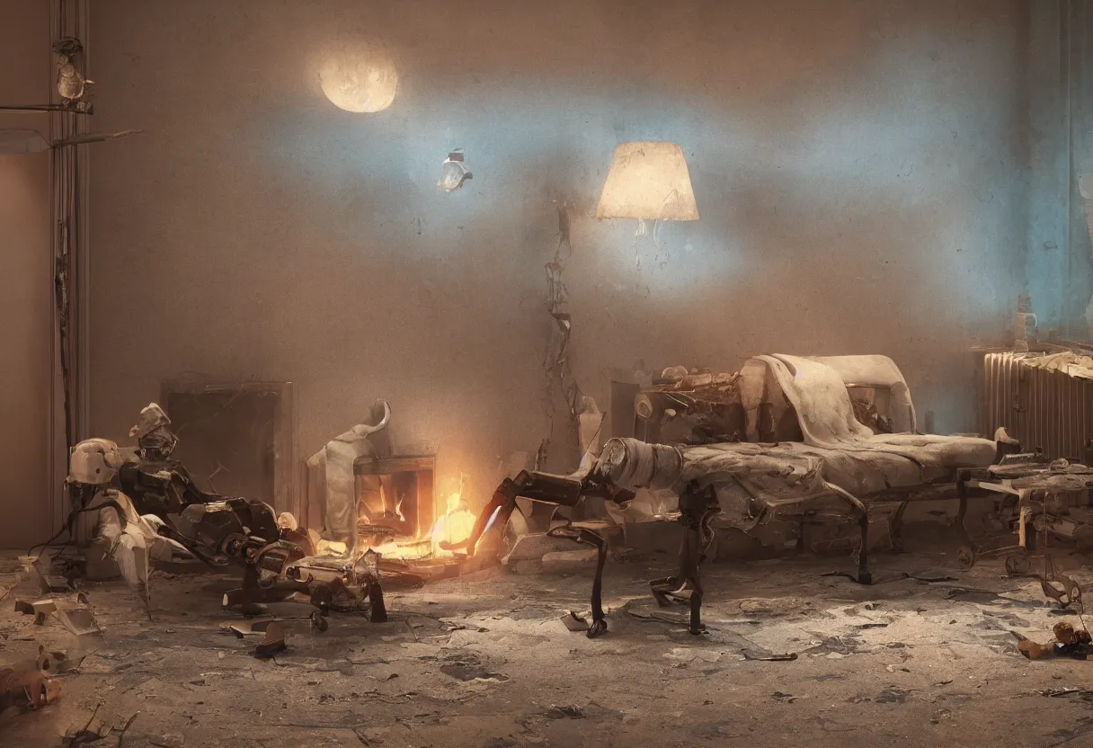 Image similar to intimate photograph of one single lone solitary cerulean and brown decaying futuristic robot lying on a frayed fainting couch facing a beautiful fireplace with a cozy fire, in a dusty Victorian home, soft morning light seeping in a window, with cinematic lighting and lens flare, tall ceiling, octane render, cgsociety, by Simon Stalenhag and Sylvian Boussiron and Alfonso Cuaron, highly detailed closeup portrait, award-winning highly detailed 8k anamorphic closeup tight cinematic movie photograph