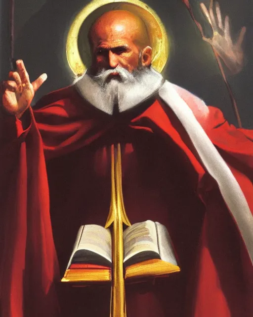 Prompt: portrait of ful length saint nicholas, showing him with a halo, dressed in clerical garb, and holding a book of the scriptures in his left hand while making the hand gesture for the sign of the cross with his right, by peter andrew jones!!!!, hd, hyper detailed, 4 k