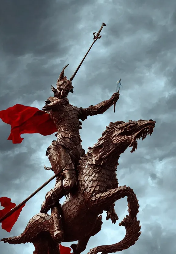 Image similar to [A sculpture of St.Georges slaying the dragon. Soviet!!!! Propaganda!!!! poster!!!!!!!!!!, promotional poster, advertising, composition, graphic design, elegant, highly detailed, digital painting, artstation, concept art, matte, sharp focus, illustration, octane render, unreal engine, photography]