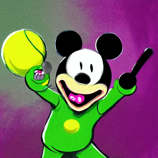 Image similar to a tennis ball monster, tennis ball, dark, chalky, mickey mouse, digital art, fantasy, magic, trending on artstation, ultra detailed, professional illustration by Basil Gogos