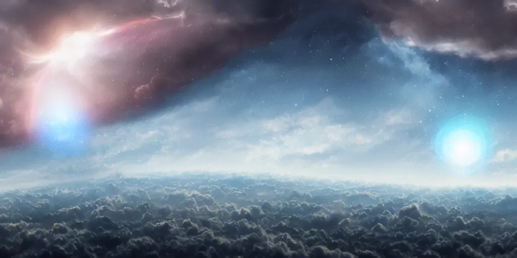 Prompt: Cosmic inflation bubbles peaking through the clouds clouds, concept art, matte painting, 8k, highly detailed, artstation, fluffy clouds, high quality,