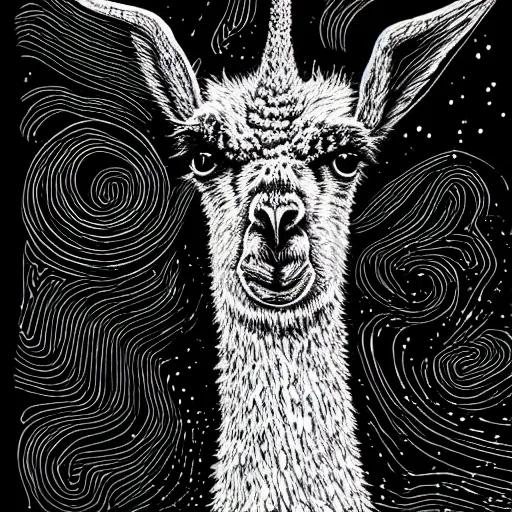 Image similar to black and white trippy comic art of a llama, lots of particles, drawn by Martin Rowson, Tim Burton, Studio Ghibli, Alex Pardee, Nekro Petros Afshar, James McDermott, cgsociety, sharp edges, high constrast, 4K