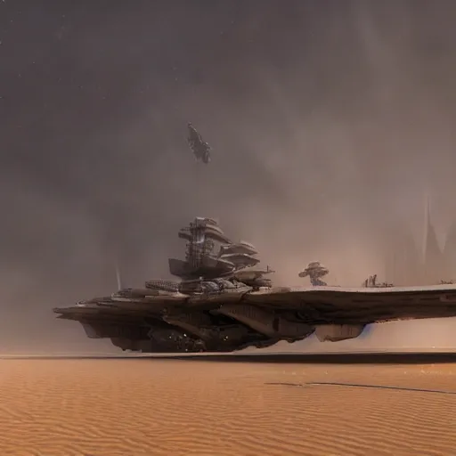 Prompt: cyberpunk cinematic scene of a wreckage of a gigantic stranded sci-fi aircraft carrier in the desert surrounded by dunes, quads and jeeps Madmax style. Haze and a sandstorm is gathering in the sky, gloomy mood, epic scene, hyperrealistic, intricate detail, photo-realistic. Cinematic and volumetric light. Epic concept art. Octane render and Unreal Engine