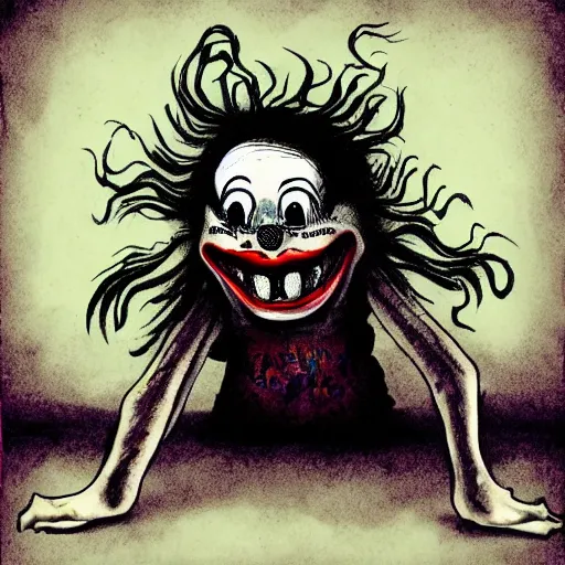 Image similar to grunge drawing of a happy clown in the style of the grudge | horror themed | loony toons style