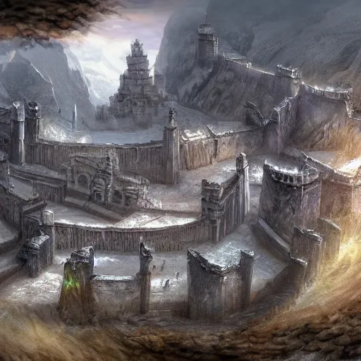 Prompt: fantasy concept art, walled city built into a labyrinth, icy mountains nearby, 8k, high detail