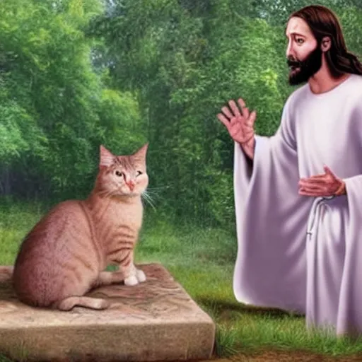 Image similar to realistic photo of jesus explaining the meaning of life to a cross - eyed cat,