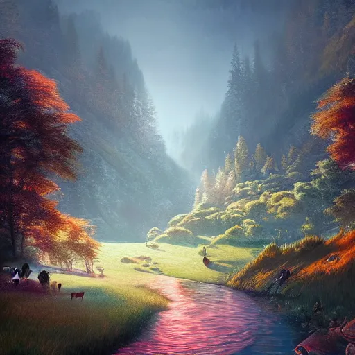 Image similar to Legendary valley of dreams, intricate, elegant, fantasy, highly detailed, digital painting, sharp focus, illustration, beautiful volumetric lighting, epic light, artstation, colorful, art by Gregory Crewdson