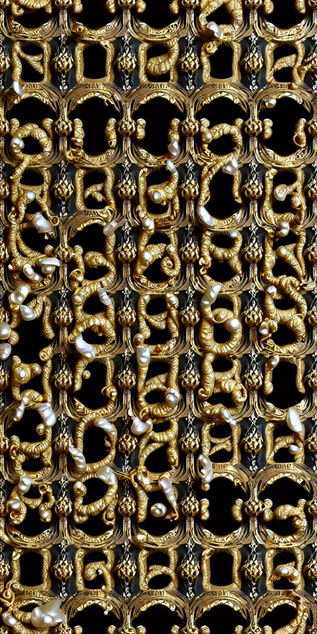 Image similar to subsurface scattering, seamless 3 d baroque gold and black pattern, beautiful dynamic shadows, gold silver iridescent pearls and swarovski crystals, symmetrical, rococo elements, damask pattern, swirls and spirals, dolce and gabanna, michelangelo, iris van herpen artstation, versace pattern, concept design art, octane render, 8 k