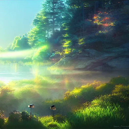 Image similar to beautiful lakeside scene with forest and mountains and birds in the air, sunbeams colorful foggy by makoto shinkai, ross tran