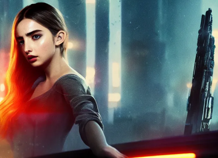 Image similar to breathtakingly beautiful Ana de Armas in blade runner 2049, long flowing hair, laser cannon, 8k, trending on artstation, unreal engine