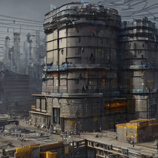 Prompt: an epic render of a massive cyberpunk factory building, trending on artstation