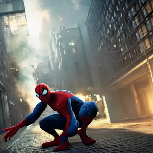 Image similar to a real photography of spiderman smoking a marihuana cigarette, highly detailed picture, marvel movies style, cryengine, playstion 5 screen, cinematic, unreal engine