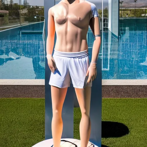 Prompt: a realistic detailed photo of a guy who is an attractive humanoid who is half robot and half humanoid, who is a male android, soccer player timo werner, shiny skin, posing like a statue, blank stare, by the pool, on display