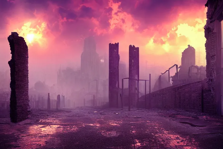 Image similar to Stunning photorealistic background of a city in ruin in a strange purple dimension with a large red sun looming in the distance on a rainy and foggy day, A large tower stands in the center of the crumbling buildings, parallax background