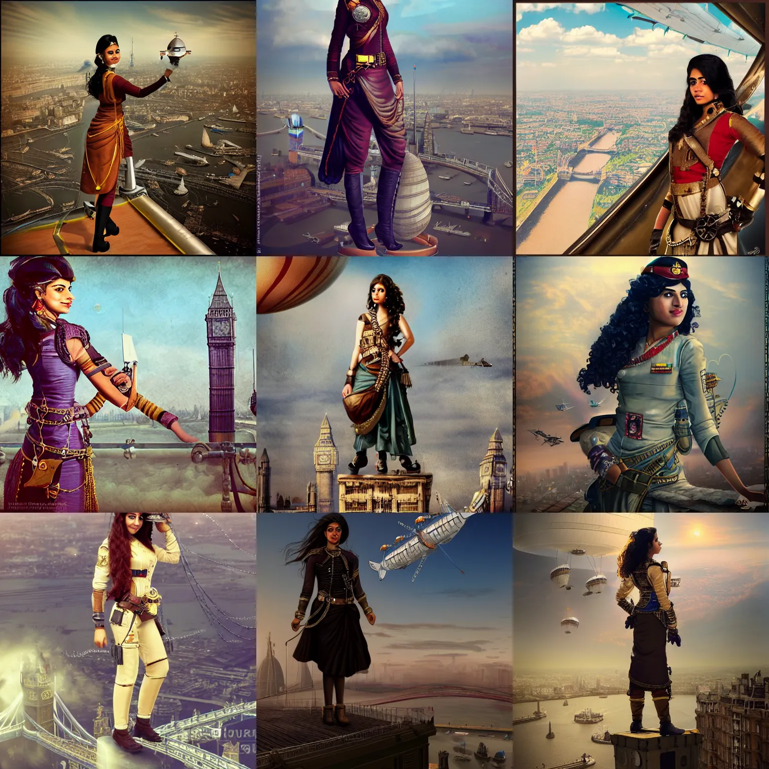 Prompt: A young Indian woman airship pilot, wearing a steampunk sari, standing on the bridge of her airship, looking out over London, digital steampunk art, trending on ArtStation