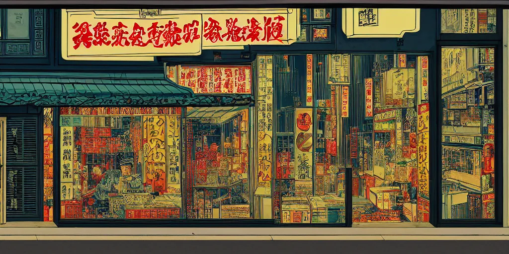 Image similar to a shop window in hong kong, by dan mumford and peter doig and edward hopper, minimal, black ink, thick lines, highly detailed, muted colours, overlaid with chinese adverts, 8 k