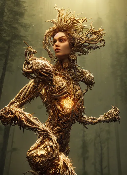 Image similar to stunning biomechanical impish incredible hair, masterpiece crystalline incrustations, hyperdetailed face, elegant pose, movie still, intricate, octane render, cinematic forest lighting, cgsociety, unreal engine, crepuscular rays, god rays