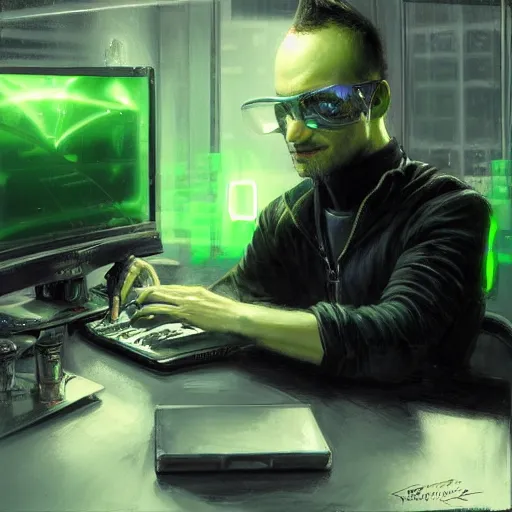 Image similar to a hacker sitting at his computer with green glare by raymond swanland, highly detailed