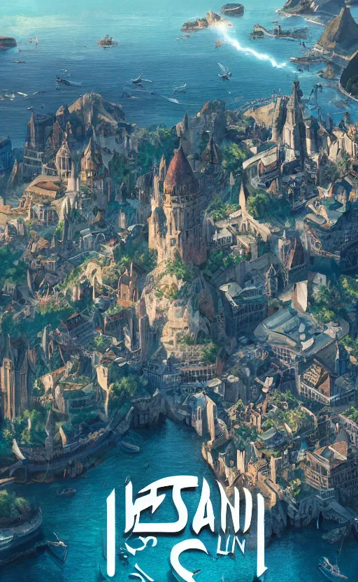 Prompt: movie poster, islands on sky, with medieval city, cinematic light, clean linework, finely detailed, 4 k, trending on artstation, concept art by stanley lau