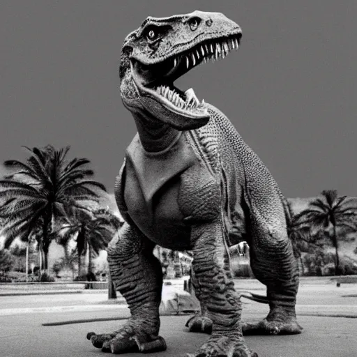 Prompt: t rex dinosaur in the vietnam war black and white photography realistic sharp focus