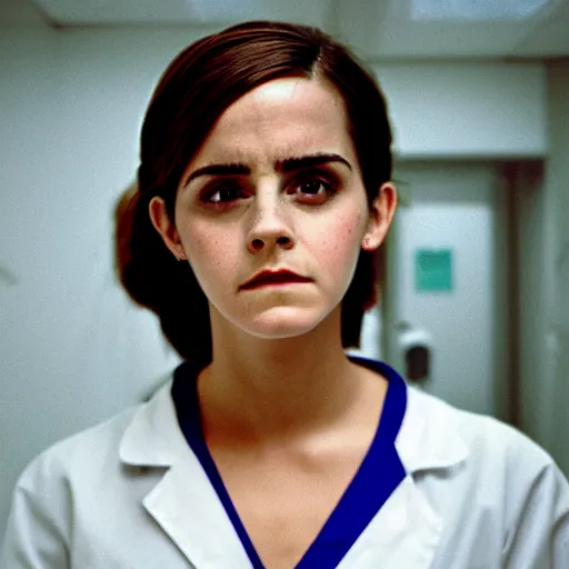 Prompt: emma watson, nurse scrubs, hospital, portrait, angry, mouth open, worms eye view, award winning, kodak ektachrome expired blue tint,