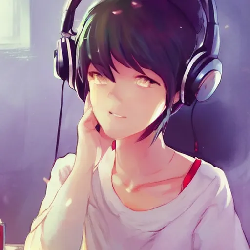 Prompt: attractive!!!!!!!!! girl!!!!!!!!!!!!!, hair in messy bun, wearing headphones, studying at desk, bedroom setting, golden hour, digital art, art by rossdraws, artgerm, anime scenery by Makoto Shinkai