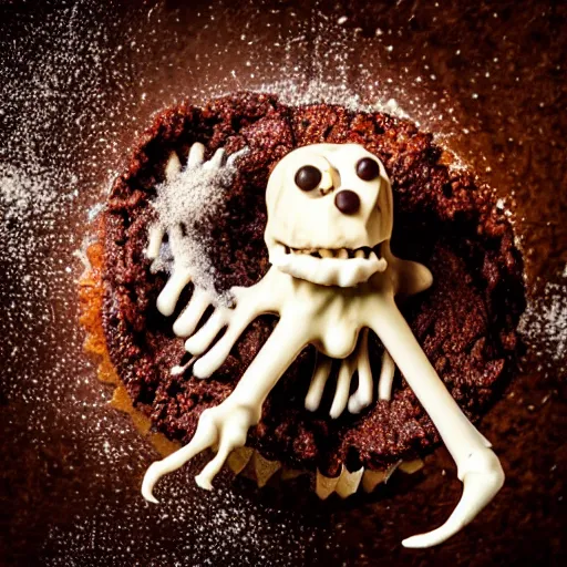 Prompt: a bone creature emerging from an exploding chocolate cupcake, professional food photography