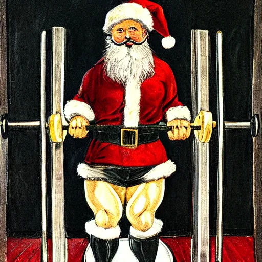 Image similar to santa lifting weights, squats, gothic triptych