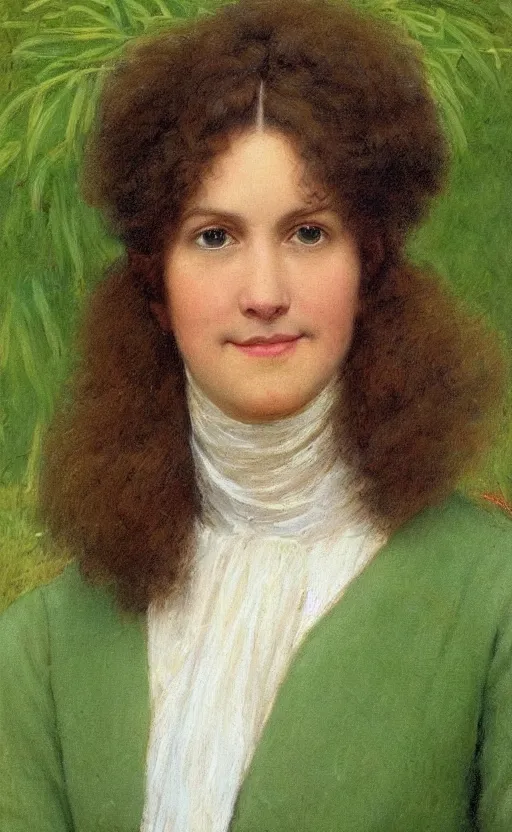 Prompt: portrait, woman!!, by eugen von blaas!! short! brown hair, fuzzy hair!!, smiling, looking at us, symmetrical face, perfect eyes, slight blush!! green plants background!!!