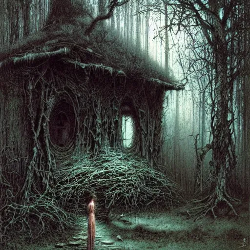 Prompt: shabby hut in a dark forest by Luis Royo and Beksinski