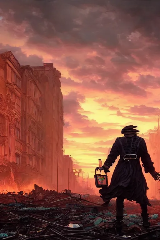 Prompt: ominous figure in the street of a destroyed city, fiery green rubble landscape, steampunk, thick heavy fog, sunset, golden hour, blue hour, colorful magenta and green dramatic cloud filled sky, by gerald brom, greg rutkowski, photo realism, unreal engine