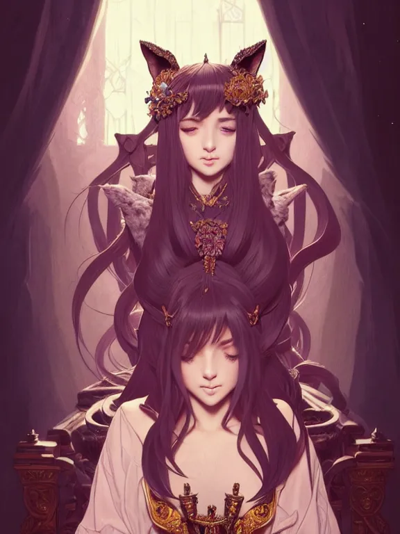 Prompt: full body picture of a girl with wolf ears sitting on the throne, bored, beautiful and aesthetic, intricate, unreal engine, neat hair, highly detailed, detailed face, smooth, sharp focus, chiaroscuro, manga illustration, artgerm, greg rutkowski, ilya kuvshinov, rossdraws, alphonse mucha, young adult light novel cover art