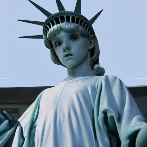 Image similar to Eleven from Stranger Things using her powers on the Statue of Liberty HD hyper detailed photorealistic