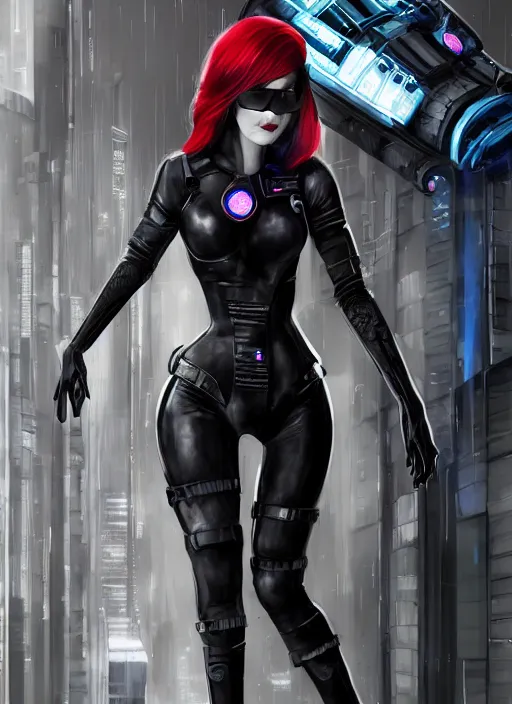 Image similar to a full body beautiful woman with red hair and blue eyes, wearing a cyberpunk outfit by hr giger, artgerm, sakimichan, weapons, electronics, high tech, cyber wear, latex dress, batwoman, bandage, concept art, fantasy, cyberpunk